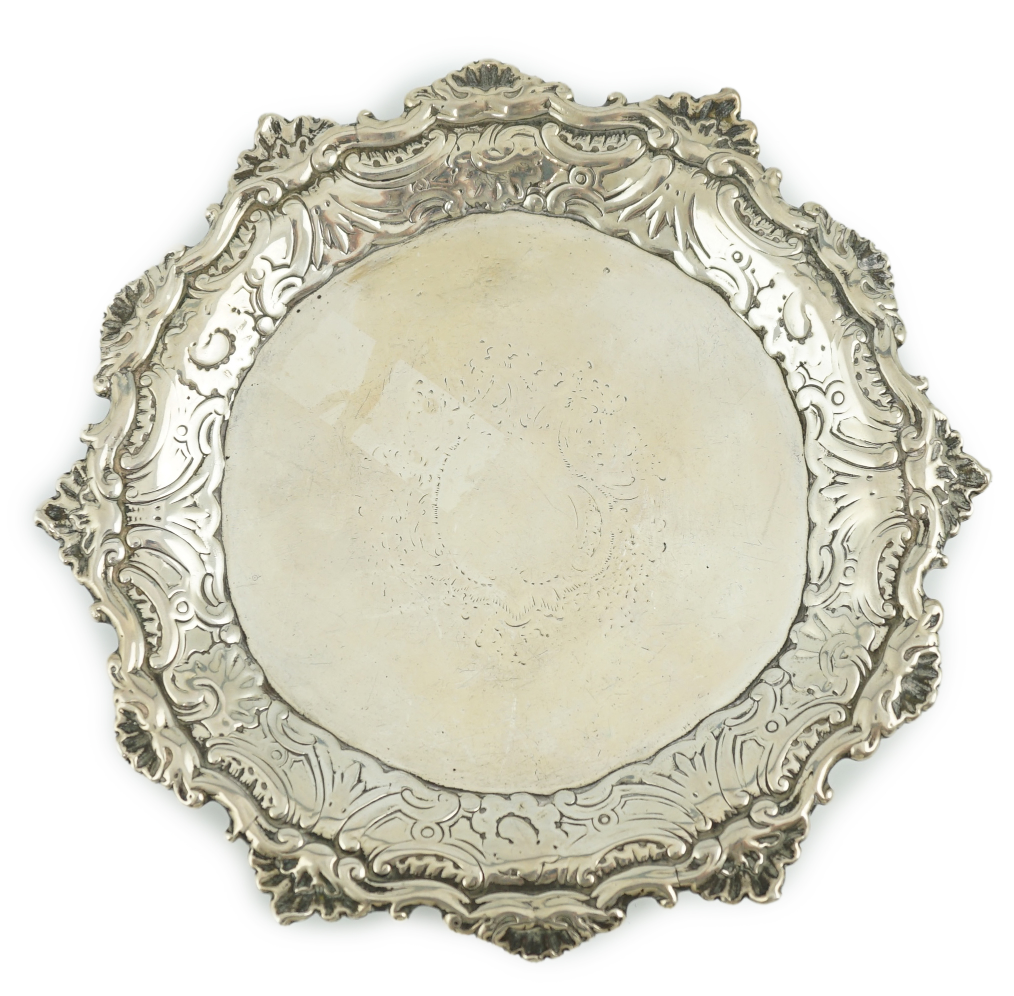 A George II silver waiter, by John Robinson II, London, 1746, with later engraved? border, on three lions paw feet